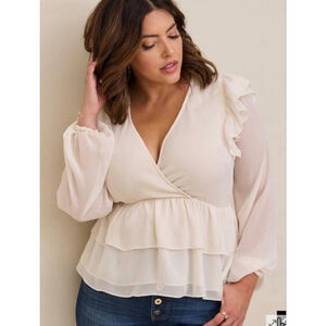 Women's Torrid Plus 4X Beige Ruffle V-Neck Peplum Blouse